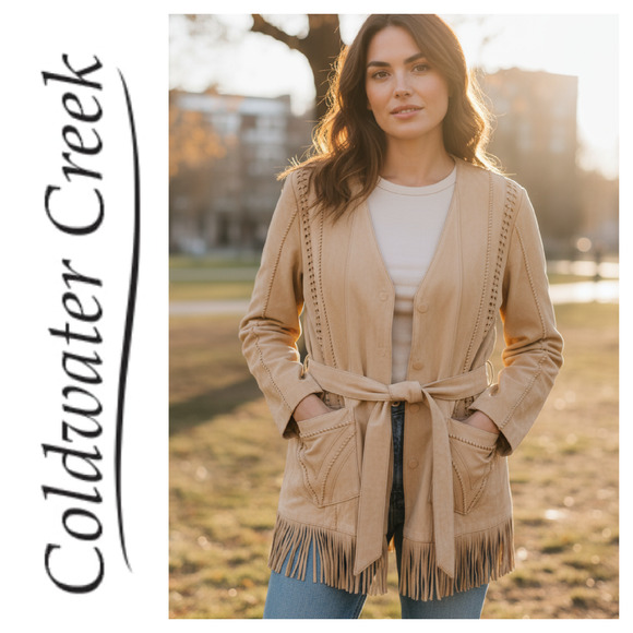 Coldwater Creek Jackets & Blazers - Coldwater Creek Plus Sz 1X Southwestern Tan Fringed Leather Jacket Belted Lined